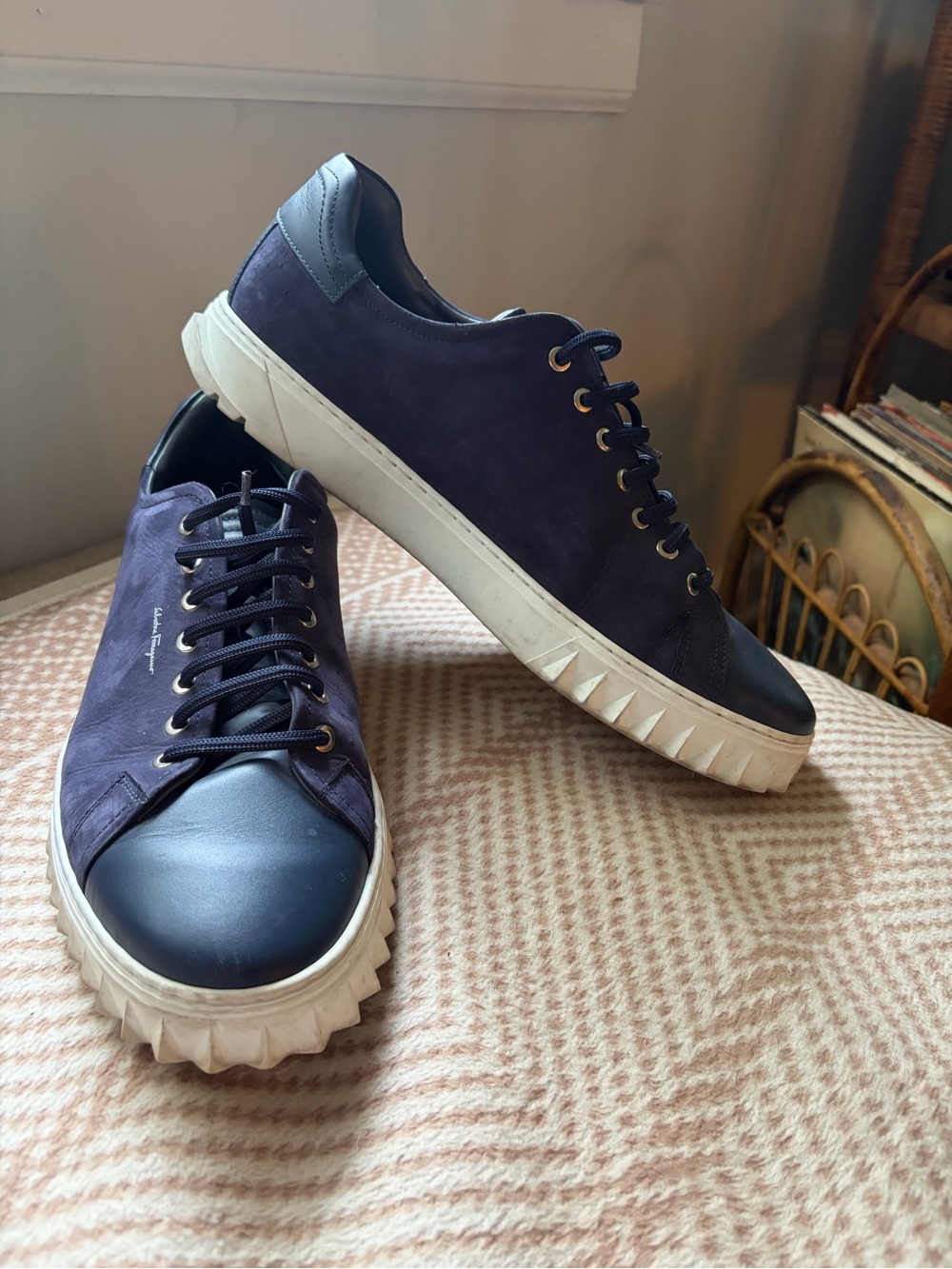Salvatore Ferragamo "Cube" Navy Blue Suede & Leather Low-Top Sneakers